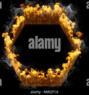Il rendering 3d incendio pentagono telaio isolato sul nero e sfondo di fumo Foto Stock