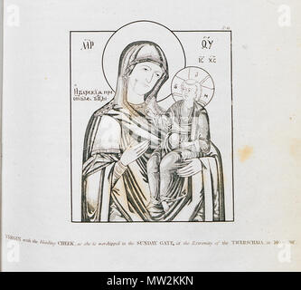 . Inglese: Edward Daniel Clarke. Viaggi in vari paesi dell Europa Asia e Africa. Parte il primo Tartary della Russia e della Turchia (1810). Parte seconda la Grecia Egitto e la Terra Santa (1813). Londra, R. Watt per Cadell e Davies // Nota: Questo è il cosiddetto Iviron o Iverskaya, tipo di Odigitria icona. La leggenda dice che il marchio di spurgo su Maria il volto è stata lasciata da una spada di un iconoclasta nel IX secolo di Nicea. Questa copia dell'icona Iverskaya era visualizzato a Mosca alla Risurrezione Gate. 1813. Edward Daniel Clarke (1769-1822) nomi alternativi Eduardus Daniel Clarke; E.D.Clarke Foto Stock