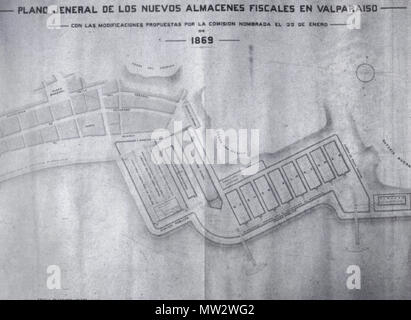 . Español: Plano General de los nuevos Almacenes Fiscales en Valparaíso, creado por el Sr. Manuel Aldunate y posteriormente rechazado por la Comisión nombrada el 23 de enero 1969. Fuente: Memorias de Hacienda 1876. 18 maggio 2009, 10:14:08. Manuel Aldunate 488 Plano Genral de los nuevos Almacenes Fiscales Foto Stock
