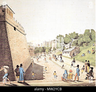 . Dipinto raffigurante nel XIX secolo il gioco del pallone presso la zona dell'Acquasola . Il 23 giugno 2009. Davide Papalini 237 Genova-Acquasola-gioco del pallone-XIX secolo Foto Stock