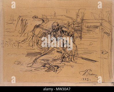 . Русский: Репин и.Е. Иван Грозный и сын его Иван 16 ноября 1581 года. 1882. ГРМ - Эскиз одноименной картины (1885), находящейся в ГТГ. Бумага, графитный карандаш. 20,7 х 27,1. Справа внизу: и. Рјпин 1882 г. Государственный Русский музей. Рисунок поступил в Русский музей в 1918 году от Н.Д.Ермакова (Петроград) Français : Ilia Répine Ivan le terribili et son fils Ivan (Esquisse au crayon - 1882) . 1882. Repin 302 Ivan il Terribile di uccidere il suo figlio (sketch, 1882, GRM) Foto Stock