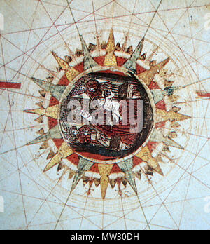 . Inglese: immagine religiosa che decora la bussola rosa dell'Atlantico nella mappa di Juan de la cosa. Español: Imagen religiosa que decora la gran rosa de los Vientos del Atlántico del mapa de Juan de la cosa. Mapa originale: 1500; fotografía: 2009. Mapa originale: Juan de la cosa; fotografía: Hispalois 394 MapaCosa GranRosaVientos Foto Stock