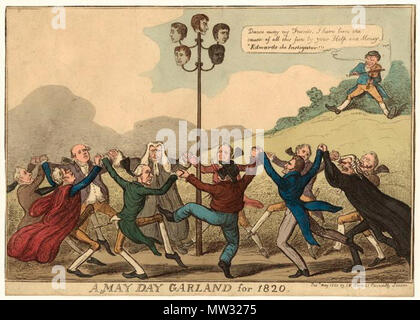 . Inglese: un giorno di maggio Garland per 1820 La stampa include rappresentazioni di Nicholas Vansittart, primo Baron Bexley (1766-1851); Giovanni Tommaso Scotto (1782-1820) (eseguito cospiratore); George Canning (1770-1827); William Davidson (1786-1820) (eseguito cospiratore); George Edwards (1787-1843) (spy e agent provocateur che hanno scoperto il Cato Street complotto); Robert Gifford, primo Baron Gifford (1779-1826); James rali (1794-1820) (eseguito cospiratore); Robert Stewart, 2a Marchese di Londonderry; Henry Addington, primo Visconte Sidmouth (1757-1844); Charles Abbott, primo Baron Tenterden (1762-1832); un Foto Stock