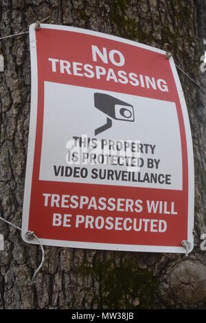 No Trespassing segno appeso su un albero di quercia al confine di una fattoria di bestiame in Missouri rurale, MO, Stati Uniti, Stati Uniti, USA. Foto Stock