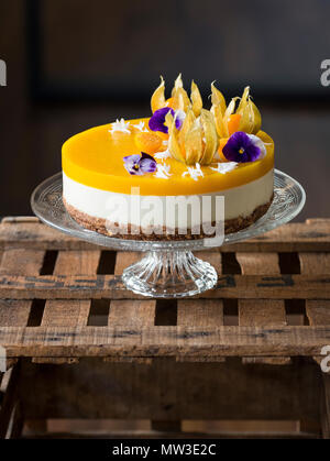 Materie vegano Mousse di mango torta sulla torta stand contro uno sfondo scuro Foto Stock