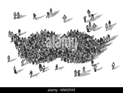 La folla di persone di baffi simbolo in bianco e nero di isolare Illustrazione Vettoriale