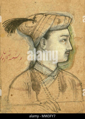 . Inglese: Shahriyar inchiostri e pigmenti su carta 5,3 x 4,2 cm. Questo disegno Mughal, Walters manoscritto leaf W.697 è di un giovane uomo, identificato dalla scritta come Shahriyar, chi era il figlio più giovane del quarto imperatore Mughal Jahangir (morto 1037 AH/ANNUNCIO 1627). Esso risale al XI secolo AH/annuncio 17th. Shahriyar è mostrato in posizione di profilo, la quale è comune nella pittura di Mughal, specialmente nelle raffigurazioni di cerimonie di Corte. Il ritratto è un disegno preparatorio per un manoscritto della pittura. Esso può essere stato in una fase successiva che il telaio della finestra e della mano sono stati disegnati per suggerire una scena jharoka. Il Buff- Foto Stock