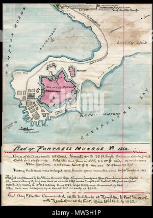 . Inglese: Penna e inchiostro disegnati a mano mappa di Fort Monroe, Virginia, 1862 . 1862. Robert Knox Sneden 212 Fort Monroe mappa Foto Stock