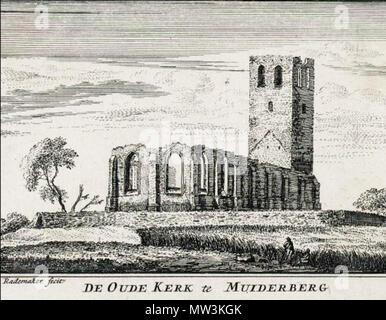 . Nederlands: Kerk van Muiderberg, afgebeeld voor de herbouw nel 1686 . tra il 1700 e il 1735. Abramo Rademaker, graveur (1676/1677-1735) 338 Kerk Muiderberg Foto Stock