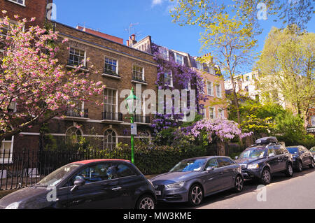 Splendido colore molla e il periodo case in Kensington Square, West London, England, Regno Unito Foto Stock