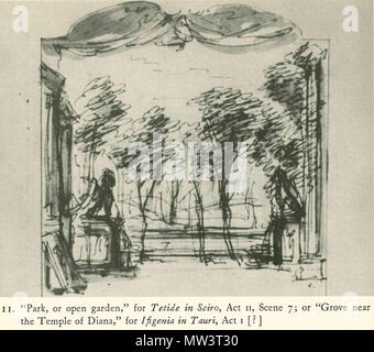 . Inglese: scenografia di Filippo Juvarra (1678-1736) per Tetide in Sciro, atto II, 7(?) Parco o giardino aperto (titolo originale) eventualmente per l'opera di Domenico Scarlatti Tetide in Sciro", dramma per musica su libretto di Carlo Sigismondo Capece (prima eseguita su dieci Janary 1710 a Roma) eventualmente anche per Ifigenia in Tauri Grove vicino al Tempio di Diana (titolo originale) eventualmente per l'opera di Domenico Scarlatti Ifigenia in Tauri", dramma per musica su libretto di Carlo Sigismondo Capece (eseguita per la prima volta 1713 a Roma) . circa 1710. Filippo Juvarra (1678-1736) 591 Tetide in Sciro - Atto I Foto Stock