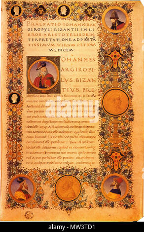 . Inglese: Giovanni Argyropoulos, prefazione alla sua traduzione in latino di Aristotele De Interpretatione, nella dedizione esemplare per Piero di Cosimo de' Medici. Handschrift des 15. Jahrhunderts. Florenz, Biblioteca Medicea Laurenziana Plut. 71,7, fol. 2r. Inglese: Johannes Argyropulos, Vorwort zu circuizione lateinischen Übersetzung von Aristoteles, De interpretatione, im Widmungsexemplar für Piero di Cosimo de' Medici. Handschrift Florenz, Biblioteca Medicea Laurenziana Plut. 71,7, fol. 2. Xv secolo. John Argyropoulos 320 John Argyropoulos, prefazione al latino De Interpretatione Foto Stock