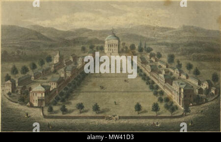 . Università della Virginia da origine a mcgregor.lib.virginia.edu: 'Commenti: Rotunda e prato, da sud con cattleguard al piede di Prato. Pubblicato da C. Bohn. "Inserito secondo l Atto di congresso, A. D. 1856 da C. Bohn in la cancelleria dell'ufficio del tribunale distrettuale degli Stati Uniti, Distretto di Columbia." incise da J. Serz. 1 colore incisione, 4 b&w fotografie, 2 pagina stampe, 2 photostats negativo." Nome del file immagine: stampe00018 Numero di accessione: RG-30/1/8.801 & Betts #46 copia numero negativo: Neg 4x5 71, Neg 4x5 1891D . 1856. J. Serz 621 Università della Virginia Serz 1856 Foto Stock