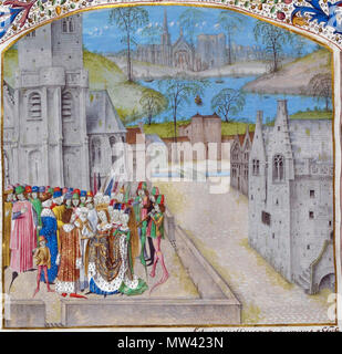 . Inglese: Dettaglio di una miniatura del matrimonio tra Edward II e Isabella figlia di Filippo IV di Francia: Jean De Wavrin, Recueil des chroniques d'Engleterre, vol. 1, Paesi Bassi (Bruges). . Circa 1475 86 BL Wavrin Royal 15 E. iv, f. 295v Foto Stock