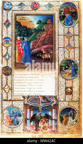 . Français : L'Enfer, folio 1 du chant I . Français : tirée in miniatura d'onu manuscrit de la divina comédie de Dante canto (I) ayant appartenu à Federico da Montefeltro . circa 1478-1482 296 Inferno, canto I - La Divina Commedia de Federico da Montefeltro - BAVaticana UrbLat365 Foto Stock