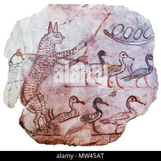. Inglese: Disegno sul calcare di una scena da una favola, antica egiziana, XIX dinastia, c1120 BC. Un gatto con un pastore il truffatore e un sacchetto sulla sua spalla le protezioni sei oche e un nido di uova. Dal Museo del Cairo. circa 1120 BC. Sconosciuto 118 Cat custodendo le oche c1120 BC Egitto Foto Stock