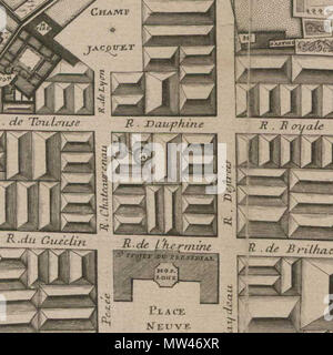 . Français : Détail du plan de Rennes (après l'incendie de 1720) gravé en 1726 et montrant l'ancienne et la nouvelle tour de l'horloge de Rennes. 18 giugno 2011, 00:18:06. F. Forestier, Robinet 284 Horloge de Rennes (F. Forestier, 1726) Foto Stock