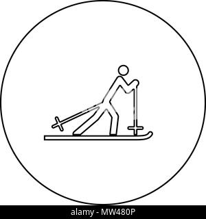 Sciatore icona nera nel cerchio di vettore di contorno ho isolato Illustrazione Vettoriale