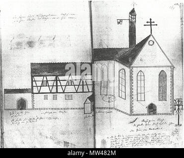 . Ansicht des abgegangenen Kapuzinerkloster st Ulrich (Schwäbisch Gmünd). Zeichnung in der Schwäbisch Gmünder Chronik von Dominikus Debler (PM 1800), Stadtarchiv Schwäbisch Gmünd, Bd. 6, S. 530. 1800. Dominikus Debler 334 Kapuzinerkloster debler SCHWAEBISCH GMUEND Foto Stock