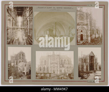 . Français : Église Saint-Aubin en Notre-Dame-de-Bonne-Nouvelle, Rennes . Français : Église Saint-Aubin en Notre-Dame-de-Bonne-Nouvelle : planche d'Emmanuel Le Ray, architecte Municipal de Rennes, composée de photographies de l'état des travaux à la reprise du chantier en 1895. Une photographie noir et blanc (22,5 x 15,5 cm) de l'intérieur. Une photographie sépia (24 x 19 cm) de la voûte de l'abside. Quatre photographies noir et blanc (18,5 x 13,5 cm ; 22,5 x 16 cm) des facciate. Archives municipales de Rennes, 10 Fi 77. . 1926. Emmanuel Le Ray (1859-1936) Descrizione architetto francese Foto Stock