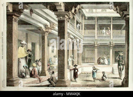 . Inglese: "Hindoo Scuola, sotto il portico di una casa in Poonah,' dal Illustrated London News 1859, con mano moderno colorazione; molto grandi scansioni incolore di questa incisione: *metà sinistra*; *metà destra* Fonte: ebay, luglio 2005 . 1859. Illustrated London News 278 Hindoo Scuola, sotto il portico di una casa in Poonah Foto Stock