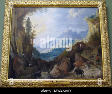 . Français : Paysage montagneux avec un pont et quatre cavaliers . Italiano: pittura fiamminga al Louvre, Parigi . Il 15 novembre 2013, 09:55:32. Sailko 323 Joos de momper, paesaggio montano con quattro cavalieri, fine XVI-inizio XVII sec Foto Stock