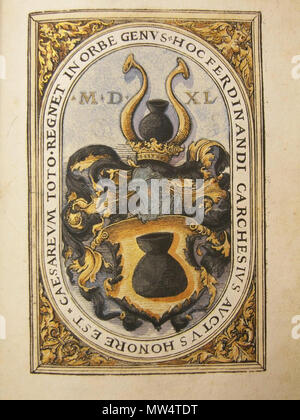 . Pagina (o pagina dettaglio) dal XVI secolo armorial tedesco ("Allerlay Wapen") CAESAREVM TOTO * REGNET IN ORBE GENVS * HOC CARCHESIVS FERDINANDI AVCTVS HONORE EST, 1540 (Carchesius = Kraus??) . Il XVI secolo. 39 sconosciuto Allerlay Wapen 29 Foto Stock