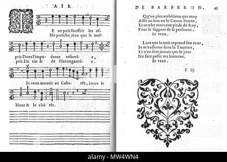 . Inglese: Aria da Barberon in Pierre Ballard's VIIe Livre d'Airs de cour (1626). Il 31 luglio 2015, 19:20:20. Pierre Ballard 30 aria Barberon 1626 Foto Stock