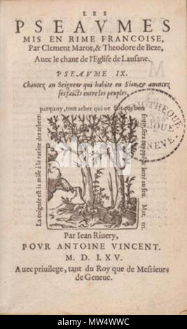 . Français : Pagina de titre des Psaumes de Marot et Bèze à l'usage de Lausanne (1565) . Il 26 agosto 2015. Jean Rivery imprimeur, (1565) 504 Psaumes Lausanne 1565 Foto Stock