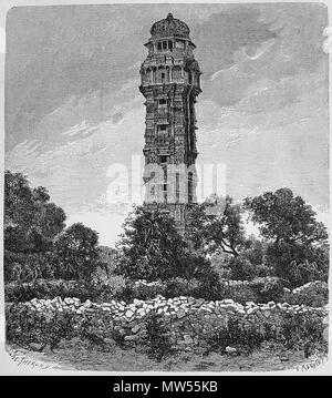 . Inglese: Chittorgarh Fort - Torre di Vittoria . (Sconosciuto). Proprietà predefinita del governo dell India. 633 Vijaya Stambha - Chittorgarh Foto Stock