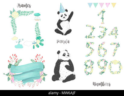 Panda clip art animali disegno per celebrazione cartoline di compleanno insieme di numeri pandas e telai su bianco bakcground Foto Stock