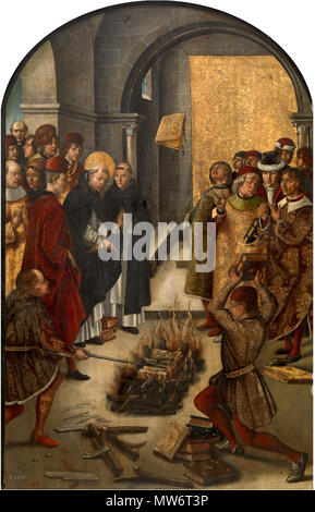. Español: la pintura descrivere la Historia de una disputa entre Santo Domingo de Guzman, fundador de la Orden de los dominicos, y los albigenses (cátaros), en los que los Libros de ambos fueron sometidos a unà prueba de Fuego, y los de Santo Domingo fueron preservados milagrosamente de las llama (milagro de Fanjeaux). Inglese: questo ritrae la storia di una controversia tra san Domenico e i Catari in cui i libri di entrambi sono stati gettati sul fuoco e San Domenico di libri furono miracolosamente preservati dalle fiamme.Questo è stato creduto per simboleggiare l'erroneità dei Catari' insegnamenti. Spagnolo Foto Stock