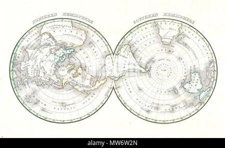 . Emisfero nord - Emisfero Sud . Inglese: un insolito e attraente mappa del mondo su un emisfero proiezione. Raffigura il mondo come visto dal polo nord e del polo sud. Antarctica è misteriosamente assente. Divisi secondo i continenti. In Africa le Montagne della Luna sono mostrati come sono le Ande in Sud America, le Montagne Rocciose in America del Nord e le montagne Altaian dell Asia. Preparato da Thomas Bradford per il 1838 il problema del suo piccolo formato atlante del mondo. . 1838 (non datato) 7 1838 Bradford mappa del mondo sulla proiezione polare ( Nord e Sud ) Foto Stock