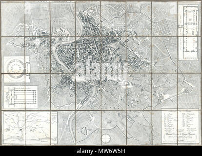 . Nouva Pianta de Roma moderna estratta dalla grand del Nolli corretta ed acccresciuta de nomi delle contrade indicati al loro rispettivo sito in Roma. Inglese: un raffinato e raro caso 1843 formato mappa di Roma, Italia da Venanzio Monaldini. Questo straordinario mappa di Roma Riferimenti pesantemente, con vari aggiornamenti e revisioni, quello seminale 1734 mappa di Roma da Giovanni Battista Nolli. Nolli mappa dell è stato il primo moderno mappa di Roma e base di quasi tutte le successive mappe di Roma fino a circa 1870, quando Roma divenne la capitale d'Italia e più moderni piani sono stati rilasciati. Rappresenta la città in extraor Foto Stock