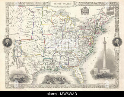 . Stati Uniti. Inglese: si tratta di un affascinante 1851 mappa degli Stati Uniti tramite la mappa in inglese e atlas editore John Tallis e il suo incisore Giovanni Rapkin. Copre gli Stati Uniti da e Santa Fe a nord attraverso il territorio del Missouri in Canada e a est per l'Atlantico. La regione Trans-Mississippi è eccezionalmente interessante con un affascinante (anche se un po' imprecisa anche al tempo) Rappresentazione della geografia politica. Un lungo stretto Nebraska territorio si estende in Canada. Vi è un grande "territorio occidentale circa dove Oklahoma è oggi. Probabilmente l'elemento più interessante di questo Foto Stock