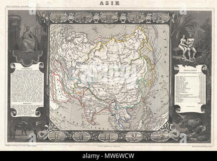 . Asie. Inglese: un visivamente mozzafiato mappa decorativo di Asia risalente al 1852, dal francese editore Mappa Victor Levasseur. Copre tutto il continente dell'Asia nonché parti parti adiacenti l Europa e l Africa. Mostra l'Impero cinese incluso il Tibet e in Mongolia. Nel sudest asiatico i regni di Annam, Chochine, Tonkin, Siam e Birmania sono noti. Singapore è identificato. L'Afghanistan è diviso nel regno di Kaboul, regno di Heral e la Confederazione di Belouchistan. Diverse isole nel Russo artico, compresi Nova Zembla e la nuova Siberia isole sono mappati vagamente. Curioso Foto Stock