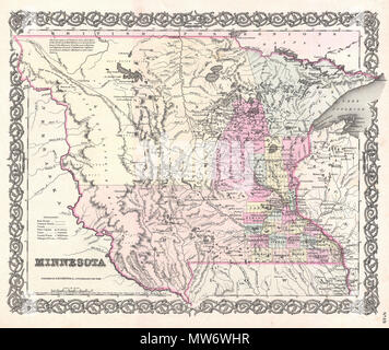 . Minnesota. Inglese: un bel 1855 prima edizione primo stato esempio di Colton la mappa del Minnesota. Questo è uno dei rari e più desiderabile di tutti Colton atlas mappe. Come la maggior parte di Colton è stato mappe, questa mappa è stata derivata da una parete precedente mappa del Nord America prodotta da Colton e D. Griffing Johnson. Coperchi Minnesota territoriale, che includeva il giorno moderno del Nord e del Sud Dakota. Quando la mappa è stata tracciata solo una piccola porzione del sud est della mano del Minnesota state piastrate per insediamento, il resto del territorio è dominato da un certo numero di grandi e potenti American nazione indiana Foto Stock