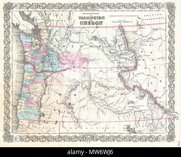 . Il territorio di Washington e Oregon. Inglese: un bel 1855 prima edizione primo stato esempio di Colton la mappa del territorio di Washington e Oregon. Questo è uno dei rari e più desiderabile di tutti Colton atlas mappe. Sulla base di precedenti mappa di parete prodotta da Colton e D. Griffing Johnson, questa mappa dettagli regioni tra la costa del Pacifico e il Continental Divide. Territoriale coperchi di Washington e Oregon incluso il giorno moderno Stato di Idaho. Colton identifica un certo numero di importanti emigrante e percorsi esplorativi compresi Fremont il percorso e il percorso proposto da Gove Foto Stock