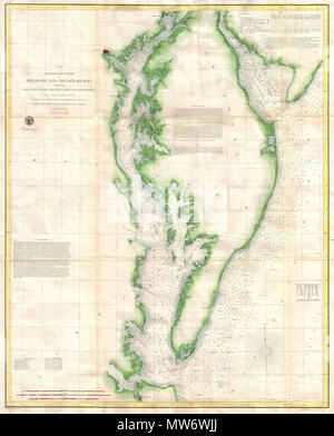 . (C n. 3) Diagramma preliminare del Delaware e Chesapeake Baie e la costa del mare da Cape Henlopen a Cape Charles. Inglese: un esempio eccezionale di 1855 U.S. Costa del sondaggio progresso grafico della Chesapeake Bay. Copre la baia dalla bocca del fiume Susquehanna verso sud fino a Capo Henry e Norfolk. Include sia la baia di Chesapeake e baia del Delaware in pieno, come pure le piccole porzioni del Fiume Potomac, Rappahannock River, York River, James River, fiume Patapsco e Patuxent River. Identifica Cape May, Charleston, Baltimore, Annapolis, Chestertown, Easton, Cambridge e né Foto Stock