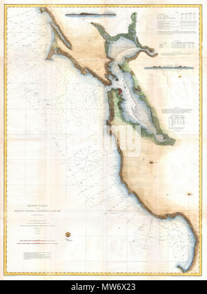 . Costa del Pacifico dal punto Pinos a Bodega testa California. Inglese: una straordinaria 1866 U.S. Sondaggio sulla costa di una carta nautica o una mappa della Baia di San Francisco. Copre dal punto Pinot nord era lontano come Bodega testa. Include tutti i San Francisco Bay con i sistemi del fiume documentati come lontano nord come Napa e Petaluma. Questo è uno dei rari e più desiderabile grafici rilasciati dagli Stati Uniti Sondaggio sulla costa come è il primo grafico per raffigurare la continental shelf break per una porzione significativa della west coast. Essa fornisce inoltre una panoramica mozzafiato di questa regione poco dopo la California Gold Rus Foto Stock