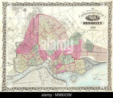 . Mappa della città consolidata di Brooklyn. Inglese: estremamente rara prima edizione di William Bishop's 1868 pocket mappa della città di Brooklyn, New York. Nella metà del XIX secolo, alimentato dall'avvento del vapore del traghetto, che ha effettuato attraversando la East River pratico, Kings County ha conosciuto un enorme popolazione burst. Ricchi e poveri sono stati rapidi ad abbandonare la sporca e claustrofobica Manhattan per poi terre suburbane solo attraverso l'East River. Nel 1855 la comunità di Brooklyn, Greenpoint, Bushwick e Williamsburg sono state consolidate da parte dello Stato di New York in una grande città, mo Foto Stock