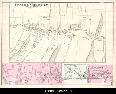 . Center Moriches città di Brookhaven Suffolk Co. Inglese: questa scarsa grandi e colorati a mano la mappa mostra la città di Moriches, Long Island, New York. La mappa mostra la città e paesi di Center Moriches, compresi Brookhaven Punto Blu e Eastport. Eastport inset include la città di Southampton. Lo straordinario dettaglio di questa mappa, giù per le singole famiglie con i cognomi, ne fanno un affascinante studio per la famiglia ricercatore o storico. . 1873 10 1873 birre Mappa di Moriches, Eastport e Southampton, Long Island, New York - Geographicus - CenterMoriches-birre-1873 Foto Stock