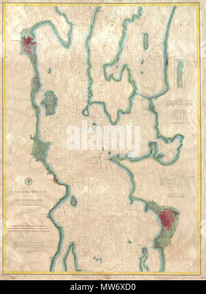 . Lake Champlain Foglio n. 2 dalla testa di Cumberland al punto Ligonier. Inglese: una rara colorata a mano 1874 grafico costiere della parte nord del Lago Champlain da Cumberland testa a Ligonier punto. Include le città di Burlington, Vermont e Plattsburgh, New York. Le funzioni della mappa istruzioni di regata e centinaia di scandagli di profondità in tutto. A differenza della maggior parte delle mappe pubblicato dall'U.S.C.S., questa mappa non è mai stato rilasciato per essere piegato in un libro. Essa è piuttosto un estremamente raro problema indipendente per l'effettivo uso nautico. Supportato con vecchie lenzuola. Pubblicato sotto la supervisione di H. D. Ogden. . 1874 10 Foto Stock