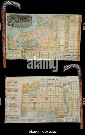 . Columbian Novità Azienda . Inglese: estremamente raro e insolito la canna da zucchero e la mappa preparato nel 1893 per la Fiera del Mondo di Chicago o, come è meglio conosciuto, 1893 Columbian Exposition. La mappa si estende da al suo interno un meccanismo a rullo nella parte superiore della canna da zucchero. Esso viene stampato e colorati a mano su entrambi i lati. Il lato primario mostra i motivi della Columbian Exposition, ora Jackson Park e il Field Museum, denominazione tutti gli edifici importanti passeggiate, padiglioni, mercati, ecc. Tra i siti specifici noti sono Buffalo Bill's Wild West Show & Congress di Rough Riders, l'Università di Chicago motivi, un Foto Stock