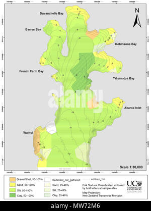 . Inglese: batimetria e sedimentazione mappa . 14 maggio 2012. Hart D. Todd D. Nazione T. McWilliams Z. 31 porto di Akaroa jpeg Foto Stock