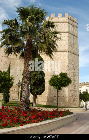 Parte del 1° secolo in stile moresco Alcazaba ( castello) in Jerez de la Frontera in Andalusia Foto Stock