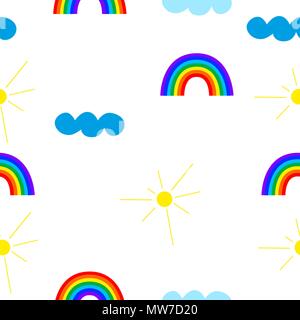 Modello senza giunture di rainbow, sun e cloud. Illustrazione Vettoriale