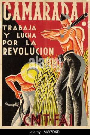 . Français : Affiche de propagande anarchiste de la CNT-FAI pendant la guerre civile espagnole. 1 gennaio 1936. CNT-FAI 29 Affiche CNT-FAI guerre civile d'Espagne Foto Stock