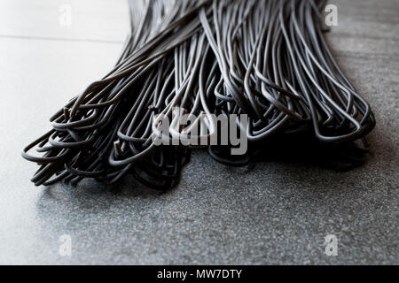 Nero greggio Spaghetti aromatizzati con inchiostro di calamari o seppie. Alimenti biologici. Foto Stock