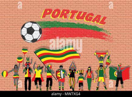 Il portoghese per gli appassionati di calcio il tifo con la bandiera del Portogallo colori nella parte anteriore del pallone da calcio graffiti. Tutti gli oggetti sono in diversi strati e il testo tip. Illustrazione Vettoriale